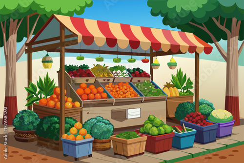 vector of The stall of fruit and vegetable sellers in the market - transparent background...