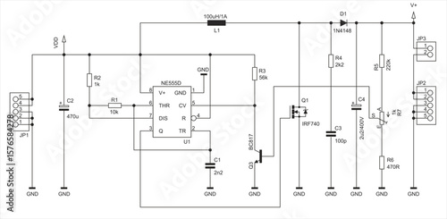 Schematic diagram of electronic device on sheet of paper. Vector drawing electrical circuit with connector,
resistor, capacitor, integrated circuit,
transistor, diode, other components.