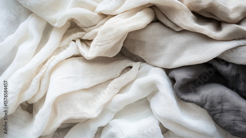 Linen blanket arrangement in soft whites, taupe and charcoal in neutral interior style