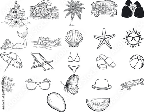 Hand drawn summer beach elements bundle svg. summer tropical beach symbols . Monochromatic art summer icons. Summer vacation designs bundle