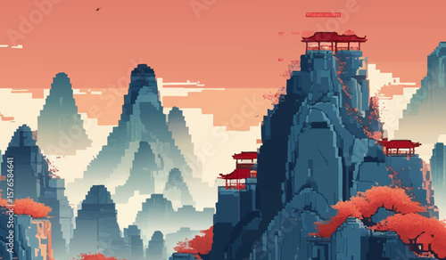 Pixel art scene with Asian-style pagoda atop rocky mountains and mist, featuring orange-red sky and autumn trees