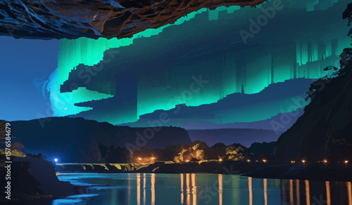 Scenic night landscape of a river reflecting aurora borealis with silhouetted mountains and cave overhang