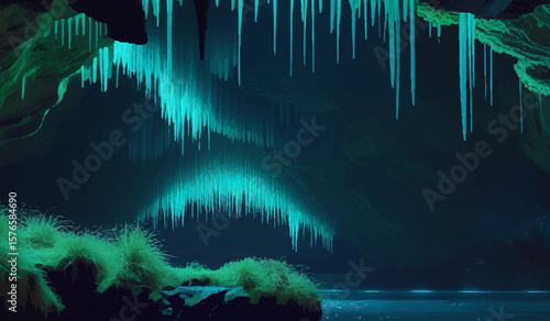 cave interior with glowing turquoise stalactites and soft lighting reflecting on calm water surrounded by moss-covered rocks