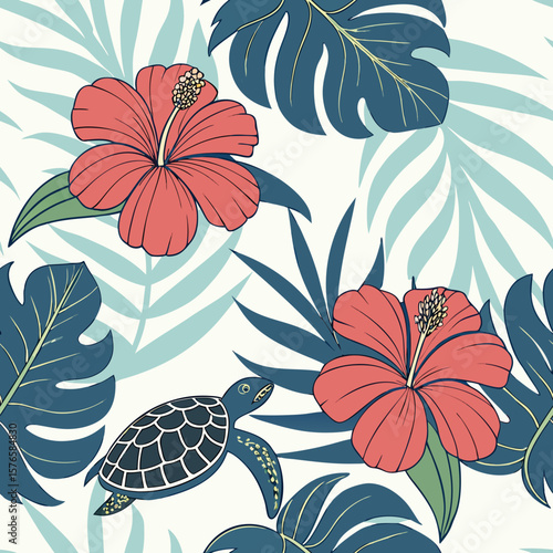 Vibrant seamless pattern featuring tropical hibiscus flowers, lush leaves, and a cute sea turtle. Ideal for summer textiles, beachwear, and vacation-themed projects.