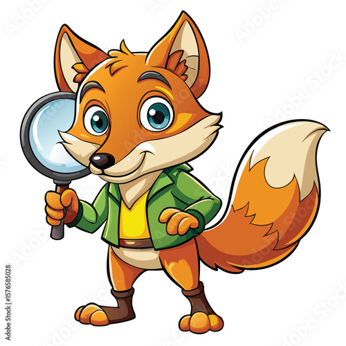 Cartoon fox character holding magnifying glass