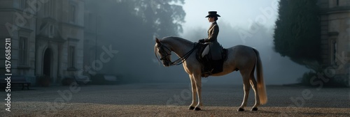 Elegant countess in riding outfit on decorated horse in misty estate setting