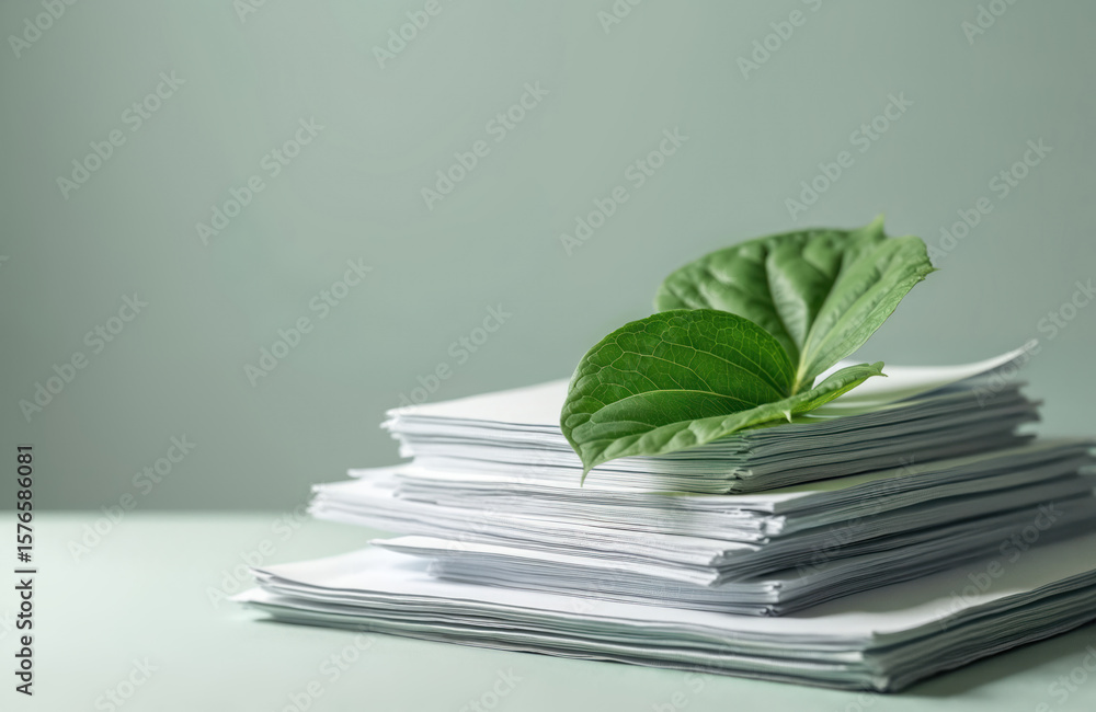 Fototapeta premium Green leaf rests on stack of policy papers climate change concerns, environmental sustainability. Clean simple composition highlights nature conservation, ecology, government regulations, legislative