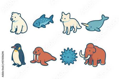 Cartoon arctic and antarctic animals set: polar bear, penguin, walrus, and more