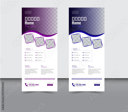 A professional and elegant real estate roll-up banner template designed for property promotion. Featuring stylish layouts, high-quality images of interiors, and marketing highlights like .