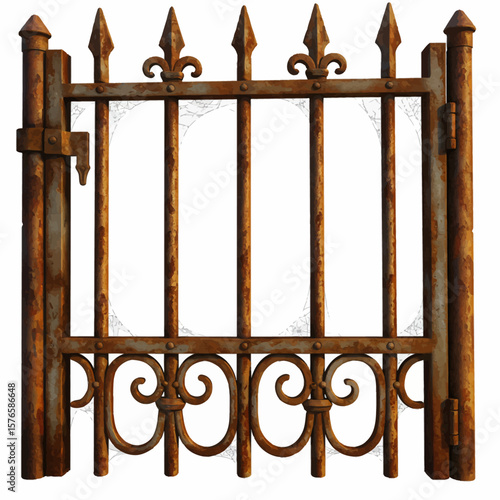Weathered Rusty Iron Gate with Spikes Ornate Scrolls and Cobwebs.