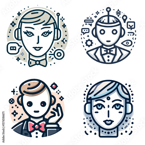 Chatbot face. Digital avatars with headphones and bow ties in minimalistic style  