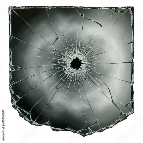 Shattered Square Mirror: Dramatic Breakage Dark Sky Reflection Isolated White Background.