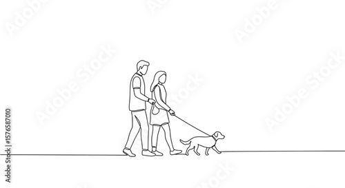 Young couple walking their dog in a minimalist line art style  