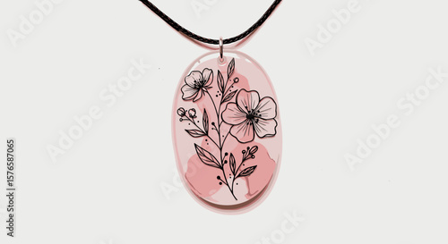 Floral resin pendant with black outlines on pink background  