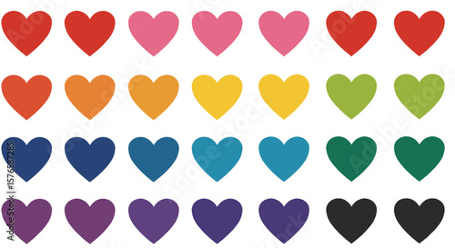 Colorful heart shapes in various colors arranged in grid pattern