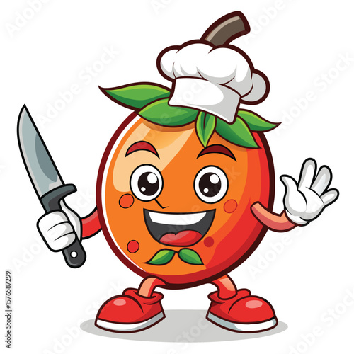 A cartoon fruit character wearing a chef's hat, holding a knife, and waving