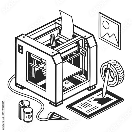 Creative Industrial 3D Printer Vector Illustration | High-Precision Additive Manufacturing Machine Design for Engineering and Production