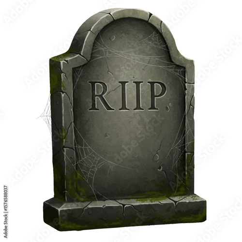 Mossy Tombstone with Cobwebs and RIIP Inscription Isolated on White.