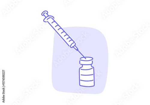 minimalist line art illustration of a syringe and vaccine vials, representing immunization, healthcare, protection, and medical treatment. 