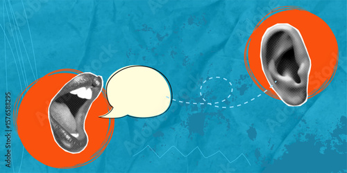 Trendy halftone pop art collage. Open mouth speaking with speech bubble moving towards human ear on color background. Communication and listening concept