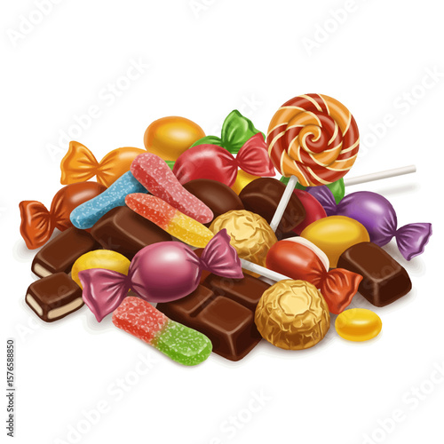 Colorful Candy Pile: Chocolate Bars Lollipops and Wrapped Sweets on White Background.