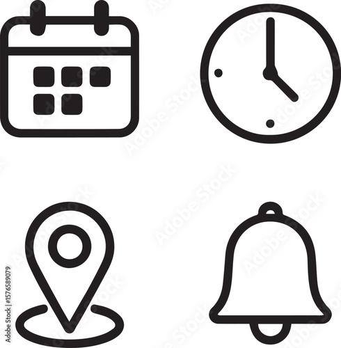 Calendar, Clock, Map Pin & Notification Bell icons set