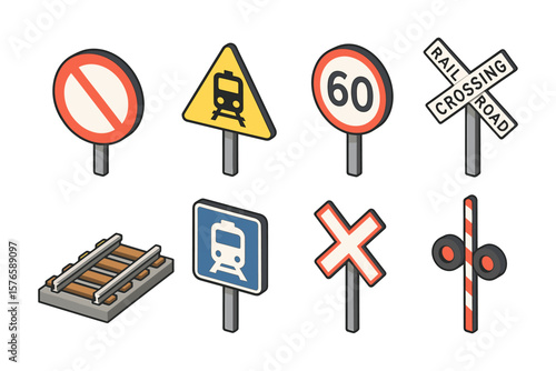 Isometric traffic signs and railway icons collection