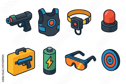 Isometric laser tag equipment set: guns, vests, goggles, and targets