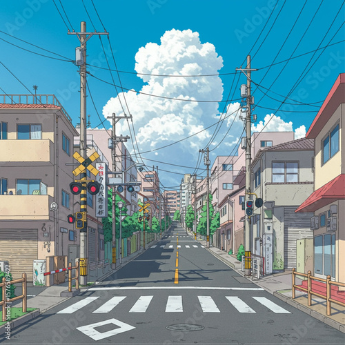 Vibrant Retro Anime Style Street Scene in Japanese City on a Sunny Day