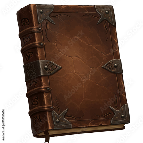 Ornate Leather-Bound Grimoire with Metal Accents Isolated on White.