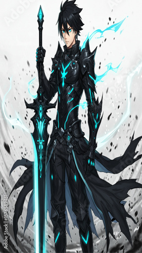 Anime Fantasy Character in Black Armor Holding Glowing Blue Sword
