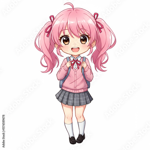 Cute Anime Chibi Schoolgirl Character with Backpack