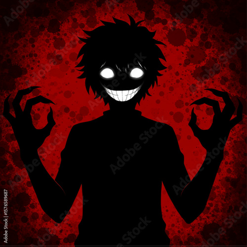 Evil Silhouette with Glowing Eyes and Creepy Smile on Red Blood Splatter Background - Horror Illustration