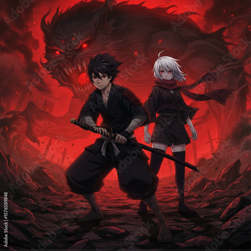 Anime Warrior Duo Facing Demonic Monster in Red Apocalypse
