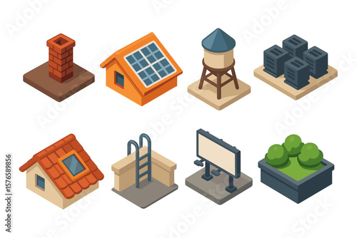 Isometric icon set: roofing, solar, water tower, and urban elements