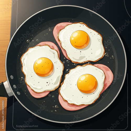 Overhead View of Fried Eggs and Ham Cooking in a Pan Illustration
