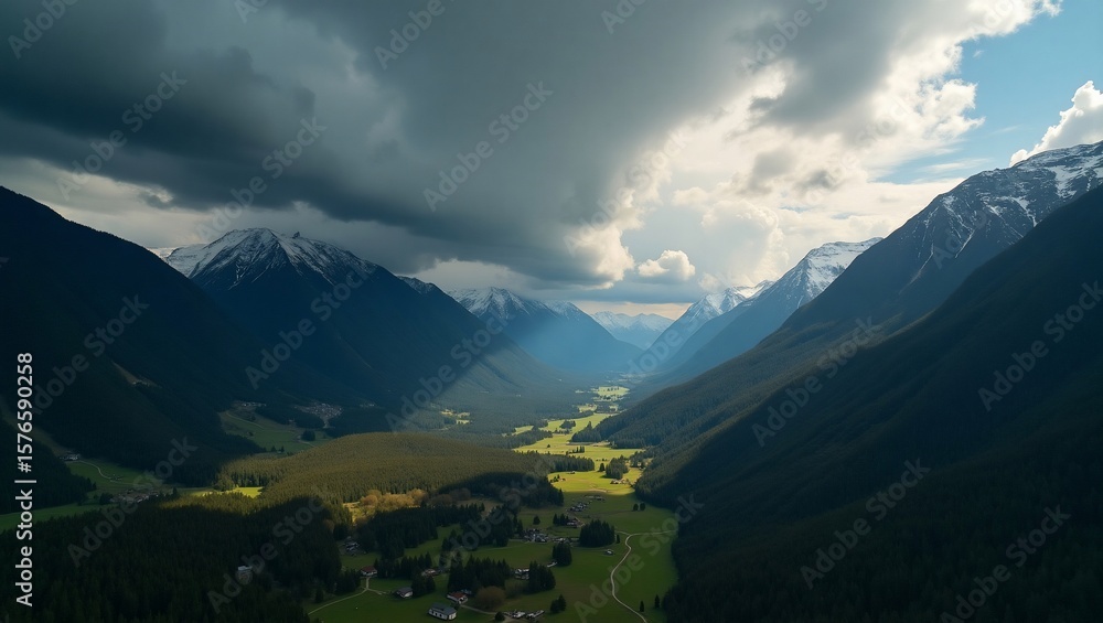 Fototapeta premium Alpine Valley with Dramatic Cloudscape.