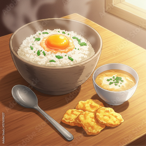 Japanese Rice Bowl with Raw Egg Yolk, Soup, and Chicken Nuggets - Anime Style Food Illustration