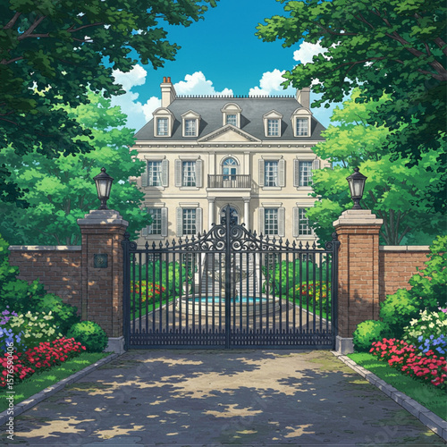 Large Classic Mansion Illustration with Elaborate Gate and Garden