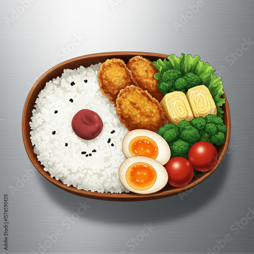 Traditional Japanese Bento Box Lunch Illustration with Karaage, Tamagoyaki, Rice, and Vegetables