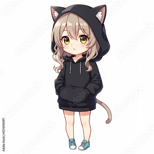 Cute Anime Cat Girl Character in Black Hoodie Illustration