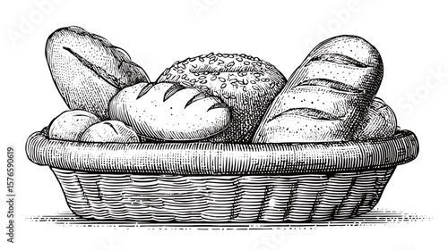 Assorted bread loaves in a rustic basket illustration, isolated on transparent background
