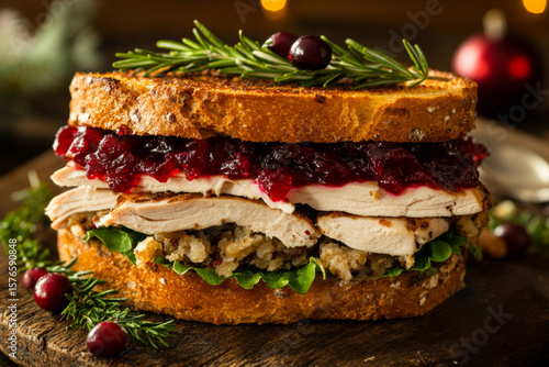 Christmas sandwich, piled high with slices of roasted turkey, savory stuffing, and a generous dollop of cranberry sauce