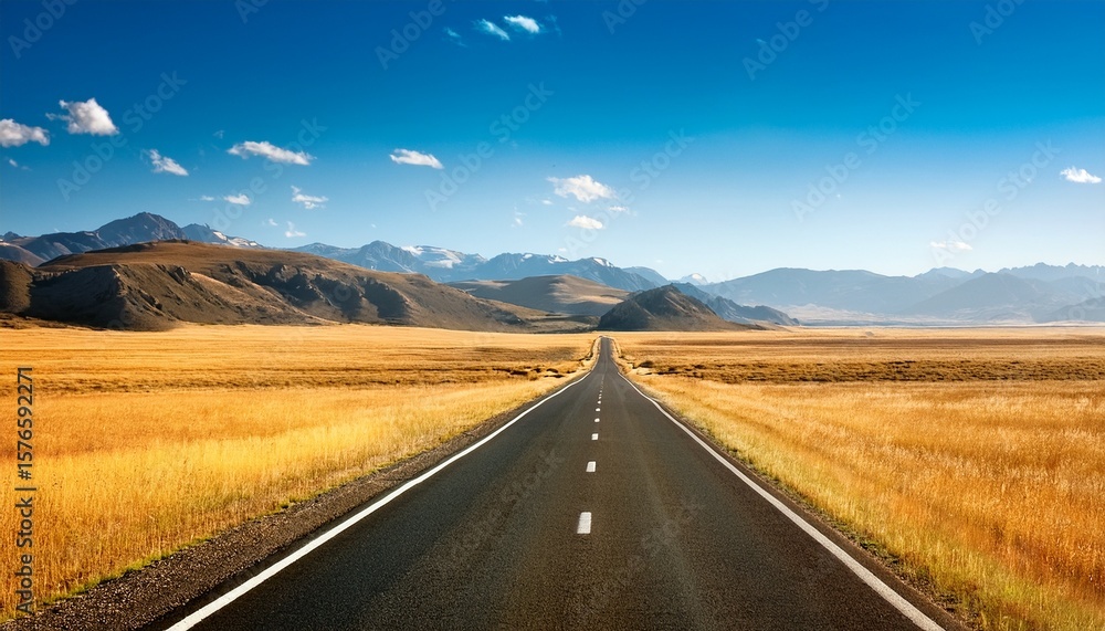 Fototapeta premium long straight road stretches through golden plains and mountains under a clear blue sky