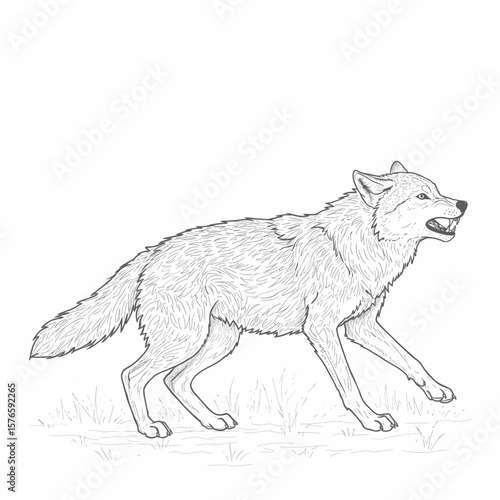 Majestic gray wolf strides powerfully across open grassland terrain. Wildlife illustration concept