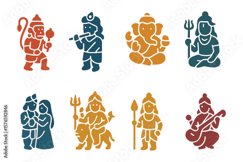 Colorful indian mythological figures silhouette set highlighting hindu deities and characters