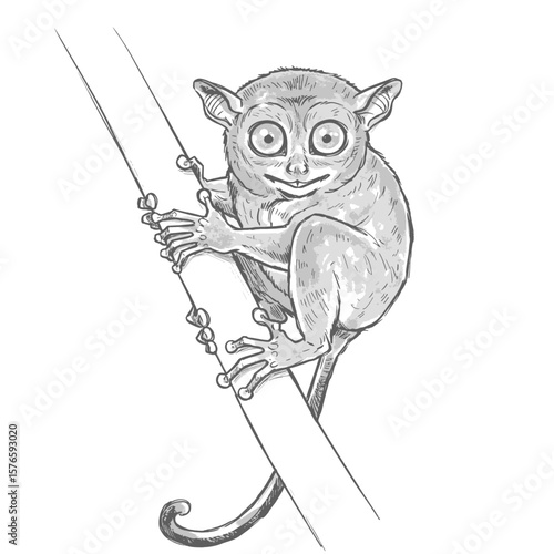 Philippine Tarsier – Carlito syrichta. Title :
Curious tarsier sketch clinging tightly to wooden branch structure. Wildlife illustration concept