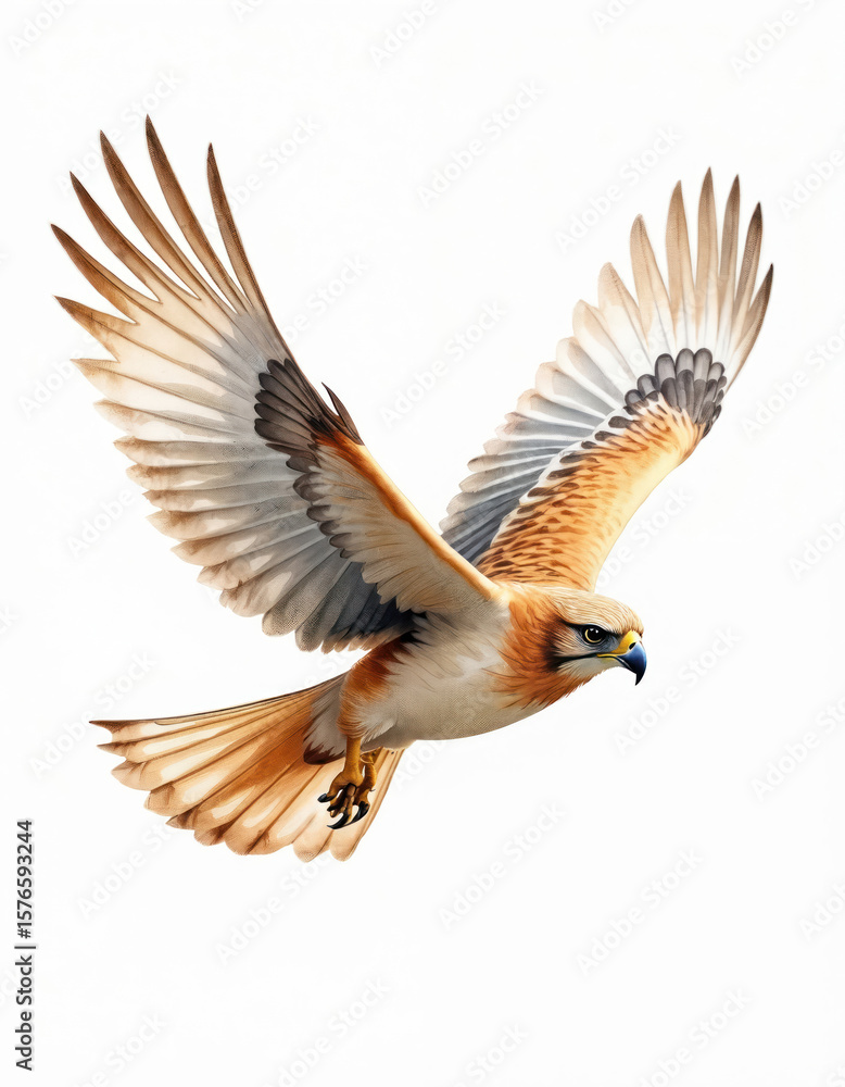 Fototapeta premium Watercolor illustration of bird of prey in mid-flight, wings spread wide. Majestic hunter features detailed brown, white feathers, sharp talons, eye. Artwork emphasizes natural grace, predatory