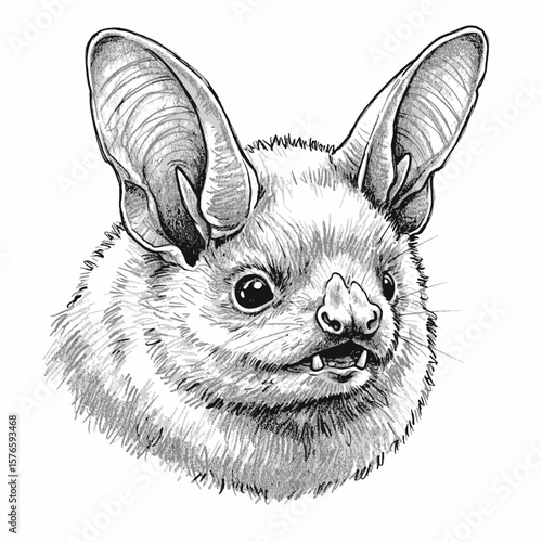 Ozark BigEared Bat- Corynorhinus townsendii ingens. Bat head sketch illustrated with large ears and detailed fur texture in monochrome style. Animal illustration concept
