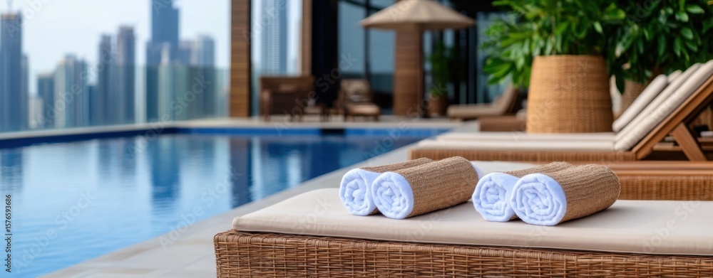 Obraz premium Luxurious rooftop infinity pool provides a breathtaking skyscraper view, with neatly rolled towels on sun loungers, epitomizing opulent urban relaxation.